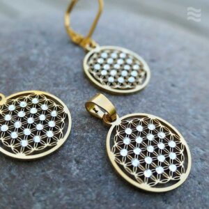 Anhänger Blume des Lebens Edelstahl vergoldet mit weißen Swarovski Kristallen in 15mm mit Ohrringen